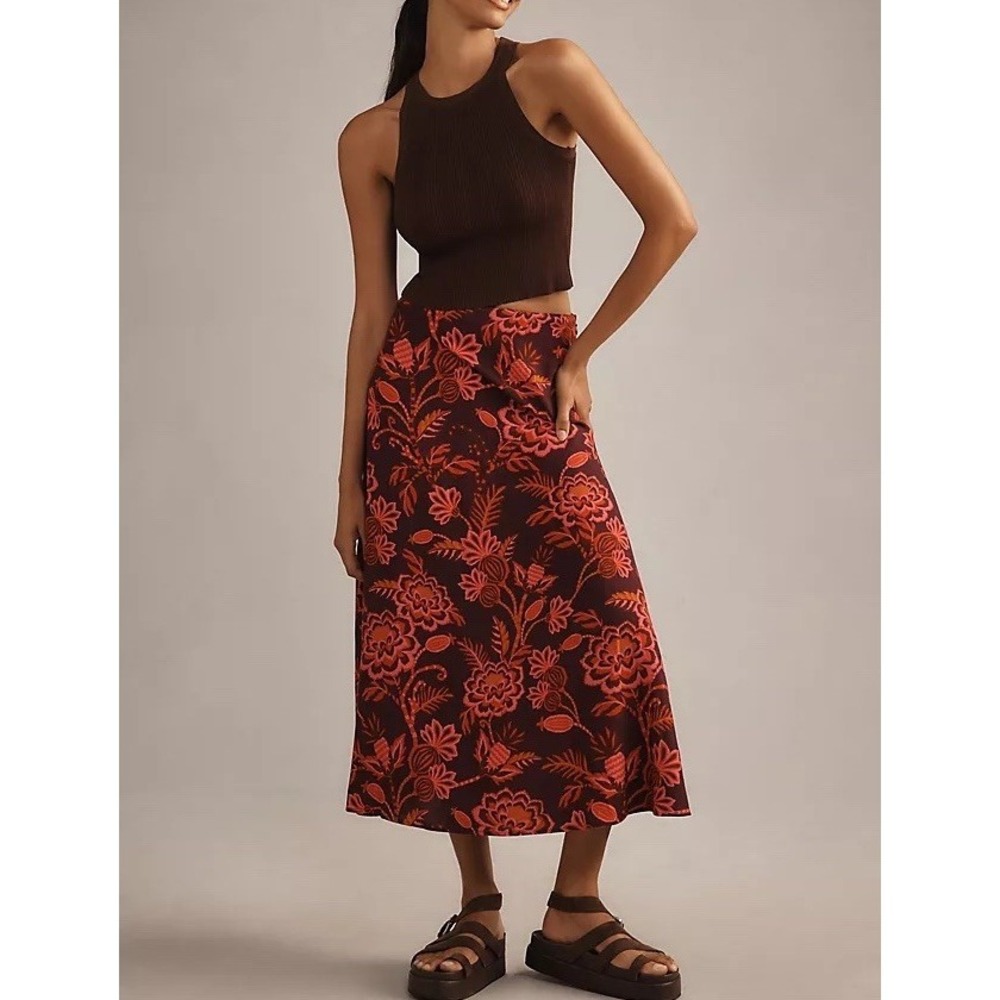 Farm Rio x Anthropologie Satin Slip Womens M Midi Skirt A-Line Tropical Print